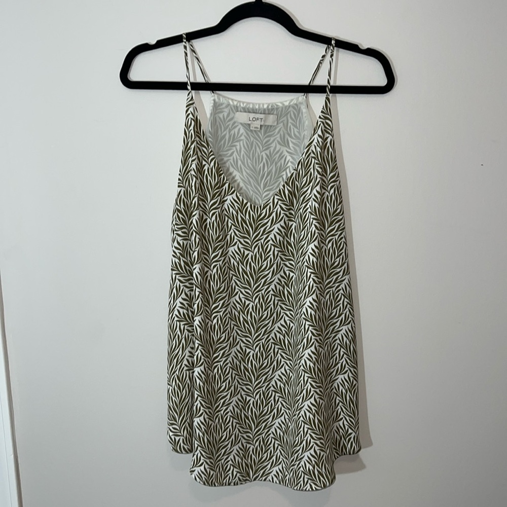 LOFT Tank Top polyester Lined Botanical Off-White Olive V-Neck - Picture 1 of 5
